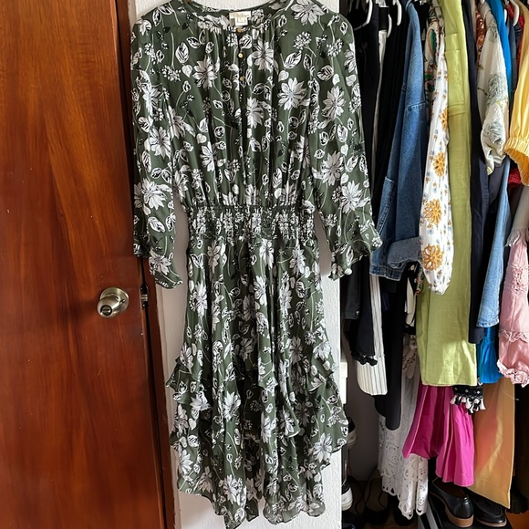 Shoshanna Green Floral Smocked Silk Dress Size 10 - Picture 3 of 12